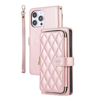 Voor iPhone 15 Plus Anti-Drop PU+TPU Telefoonhoes Rhombus Stitching Rits Portemonnee Telefoonhoes met Polsbandje