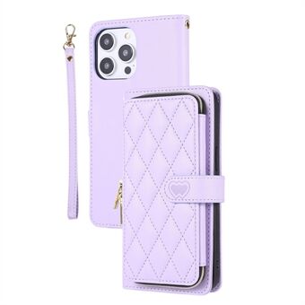 Voor iPhone 15 Plus Anti-Drop PU+TPU Telefoonhoes met Rhombus-stiksels, een Ritsportemonnee Telefoonhoes met Polsband.