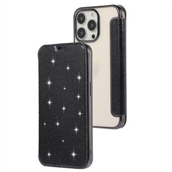 Voor iPhone 15 Plus Card Holder Glitter Poeder PU Leer+TPU Transparante Telefoonhoesje met Standaard