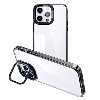 Voor iPhone 15 Plus Zachte Transparante TPU Telefoonhoes Elektroplating Mobiele Telefoon Cover Lens Frame Kickstand