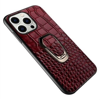 Voor iPhone 15 Plus Ring Kickstand Telefoon Achterkant Hoesje Krokodillen Textuur Echte Koeienhuid TPU Mobiele Cover.