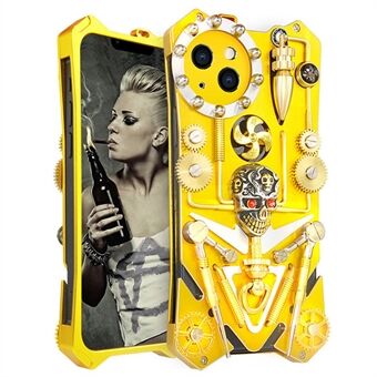 Voor iPhone 15 Plus Steampunk Telefoonhoesje met Kickstand Metalen Schedel Tandwiel Cover - Goud