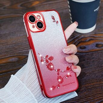 Voor iPhone 15 Plus Flexibele TPU Gradiënt Telefoonhoesje Bloem Glitter Strass Mobiele Telefoonhoesje