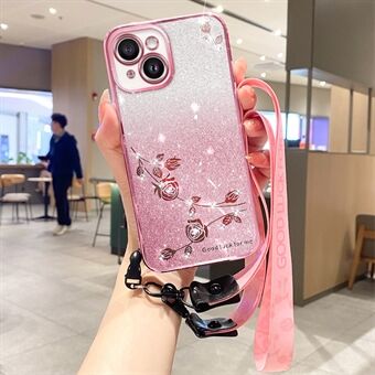 TPU achterkant hoesje voor iPhone 15 Plus, Strap Design Glitter Rhinestone Decor Bloem Anti-val Telefoonhoesje