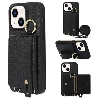 Leren+TPU hoesje voor iPhone 15 Plus hoesje met kaartsleuf, standaard en schouderband.