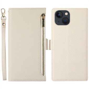 Voor iPhone 15 Plus Hoesje met Ritsvakje Litchi Textuur PU Leren Telefoonhoesje met Band