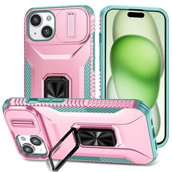 Voor iPhone 15 Plus hoesje met glijdende lensklep, PC+TPU telefoonhoes met kickstand.