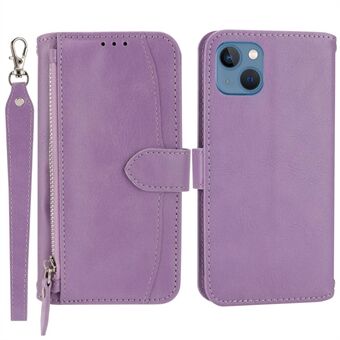 Voor iPhone 15 Plus Leren Hoesje met Ritsvak, Telefoonstandaard en Lange en Korte Band.