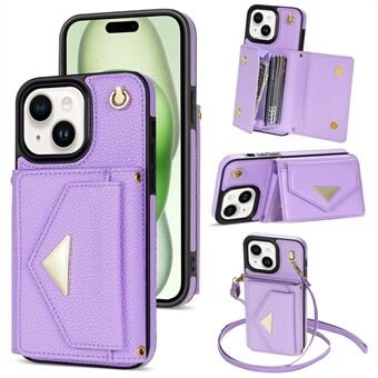 Voor iPhone 15 Plus Hoesje Krasbestendig PU Leer+TPU Kaarthouder Cover met Schouderband