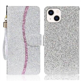 Voor iPhone 15 Plus Telefoonhoesje PU Leren Portemonnee Standaard Glitter Split Cover met Bandje