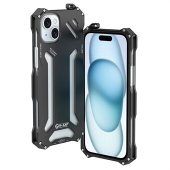 R-JUST Mechanische Pantser voor iPhone 15 Plus Hoesje van aluminiumlegering met holle structuur en krasbestendige telefoonhoes.