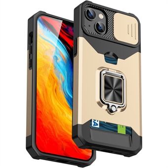 Voor iPhone 15 Plus Telefoonhoesje PC+TPU Glijdende Lensbescherming Schokbestendige Cover met Kaarthouder