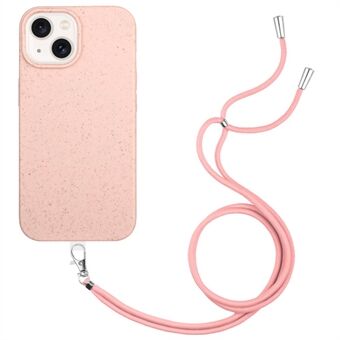 Voor iPhone 15 Plus hoesje Biologisch afbreekbaar tarwestro+TPU krasbestendige smartphonehoes met lange touw