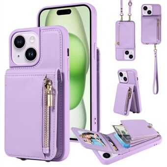 Voor iPhone 15 Plus Telefoonhoesje met Anti-val PU+TPU Kickstand Beschermende Portemonnee Cover met Bandjes.