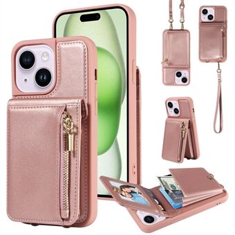 Voor iPhone 15 Plus Telefoonhoes Anti-val PU+TPU Kickstand Beschermende Portemonnee Hoes met Bandjes