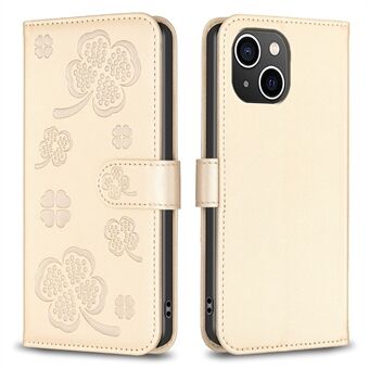 Voor de iPhone 14 Plus / 15 Plus Wallet Case met klaverblaadjes ingedrukt op PU-lederen telefoonhoes.