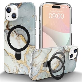 Voor iPhone 15 Plus Magnetische Case met Marmeren Patroon PC+TPU Telefoonstandaard Hoesje