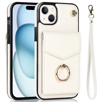 Voor iPhone 15 Plus Kickstand Hoesje Accordion Stijl PU+TPU RFID Blokkerende Telefoonhoesje met Strap