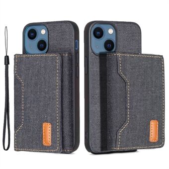 Voor iPhone 15 Plus Split-Design Wallet Case Jeans Cloth Telefoonhoesje