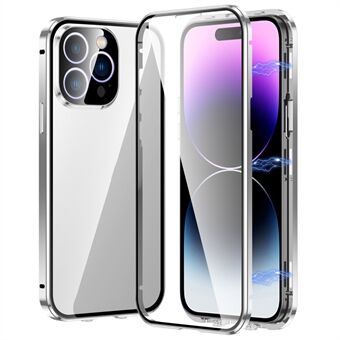 Voor iPhone 15 Pro - Dubbelzijdige Geharde Glazen Telefoonhoes met Rechte Metalen Randgesp en Magnetische Telefooncover.