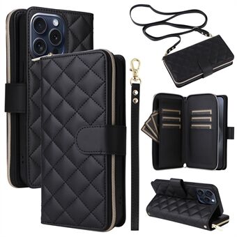 Voor iPhone 15 Pro Hoesje met Ruitpatroon PU Lederen Crossbody Rits Telefoonhoesje