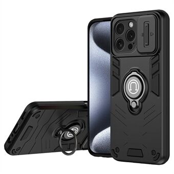 Voor iPhone 15 Pro hoesje met schuifbare camerabeveiliging PC+TPU telefoonbeschermer met ringhouder.