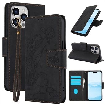 SY-001 voor iPhone 15 Pro hoesje met vlinder bloemenafdruk en lederen telefoonhoes.
