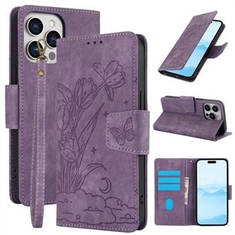SY-001 voor iPhone 15 Pro hoesje met vlinderbloem in lederen telefoonhoesje