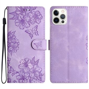 Voor iPhone 15 Pro Hoesje Sakura Vlinder Imprint Skin-Touch Leren Portemonnee Telefoonhoesje