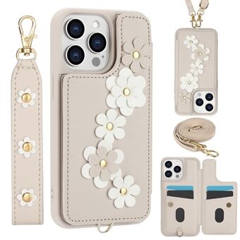 SY-001 Voor iPhone 15 Pro Hoesje met kaartsleuven, bedekt met leer en TPU Flower Phone Cover.