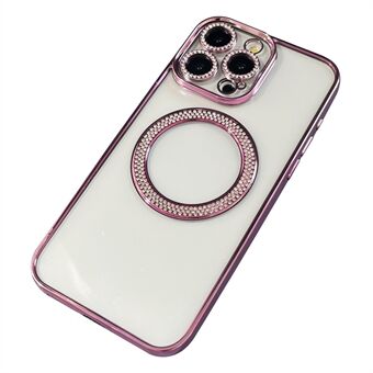 Voor iPhone 15 Pro Hoesje Compatibel met MagSafe Rhinestone Decor TPU Telefoonhoes met Glazen Lensfilm