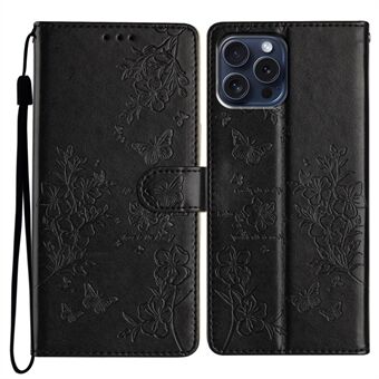 Voor iPhone 15 Pro Leren Hoes Vlinder Bloemenprint Portemonnee Telefoonhoesje met Standaard