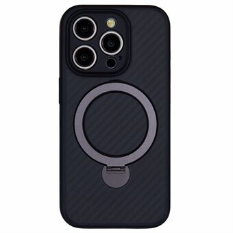 Voor iPhone 15 Pro Hoes Verborgen Magnetische Standaard TPU+PC Telefoonhoesje met Carbon Fiber Textuur