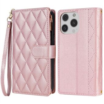 CSJ-P2 Voor iPhone 15 Pro Portemonnee Hoes Gestikte Leren Telefoonhoes met Bandjes