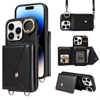 002 Voor iPhone 15 Pro Hoes PU Lederen Crossbody Telefoonhoes Kaartenhouder Ring Standaard