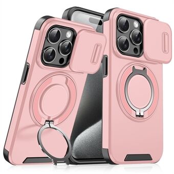 Voor iPhone 15 Pro Magnetische Telefoonhoes Schuiflens Beschermingsring Kickstand TPU+PC Hoes