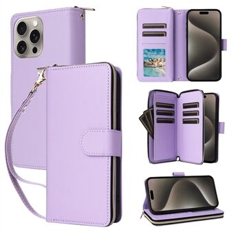 R20 Voor iPhone 15 Pro Hoes Ritsvak PU Leren Cover met 9 Kaartsleuven