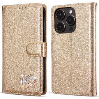 iPhone 15 Pro Glitter Leren Hoes met Diamanten Liefdeshart Portemonnee Standaard Flip Cover