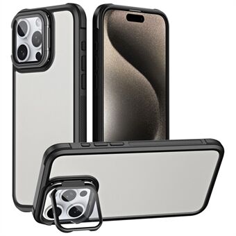 Voor iPhone 15 Pro Hoesje met Lens Cover Kickstand Skin-Touch PC+TPU Telefoon Achterkant Hoes