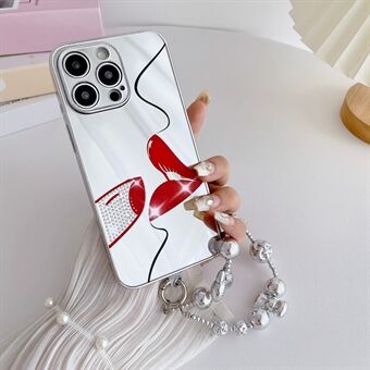 iPhone 15 Pro Hoesje IMD Zilveren Afwerking TPU+PC Strassstenen Decor Telefoonhoes met Armbandketting