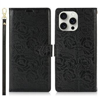 Voor iPhone 15 Pro Hoes met Handriem Bloemenafdruk Lederen Portemonnee Telefoonhoesje