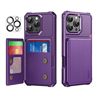 Voor iPhone 15 Pro ENKAY Hat-Prince Portemonnee Kaartsleuf Kickstand PU Lederen +TPU Achterkant Telefoonhoes met Cameralensfilm