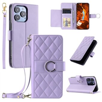 Voor iPhone 15 Pro Crossbody Leren Hoes Ring Gesp Portemonnee Standaard Ruitvormige Mobiele Hoes