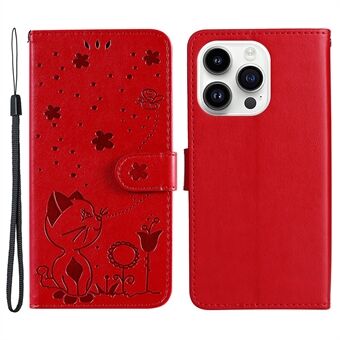 KT Imprinting Flower Series-4 Voor iPhone 15 Pro Telefoonhoesje met Kattenopdruk, Leren Portemonnee met Standaard