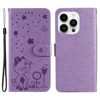 KT Imprinting Flower serie-4 voor iPhone 15 Pro telefoonhoesje met kattenafbeelding, lederen standaard portemonnee hoesje.