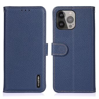 KHAZNEH Voor iPhone 15 Pro Litchi Textuur Mobiele Telefoonhouder Hoesje Echt Koeienleer+TPU Cover Portemonnee