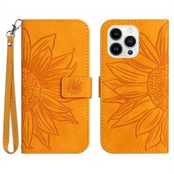 HT04 Telefoonhoesje voor iPhone 15 Pro, Zonnebloem Patroon Stand Leren Portemonneehoesje met Handriem