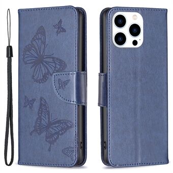 Voor iPhone 15 Pro Schokbestendige Telefoon Flip Case met Vlinder-geïmpregneerd Leren Stand Portemonnee Hoesje met Band