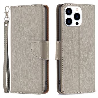 Voor iPhone 15 Pro Portemonnee PU Leren Telefoonhoesje Litchi Textuur Telefoon Flip Stand Case met Strap