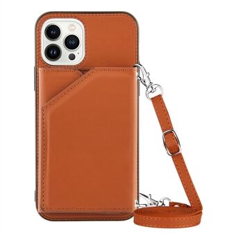 YB-1-serie voor iPhone 15 Pro Kaarthouder Kickstand Case Leer+TPU Telefoonhoesje met Schouderriem